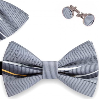 Set papion barbati, batista, butoni, gri turturea, imprimeu frunze lungi palmier